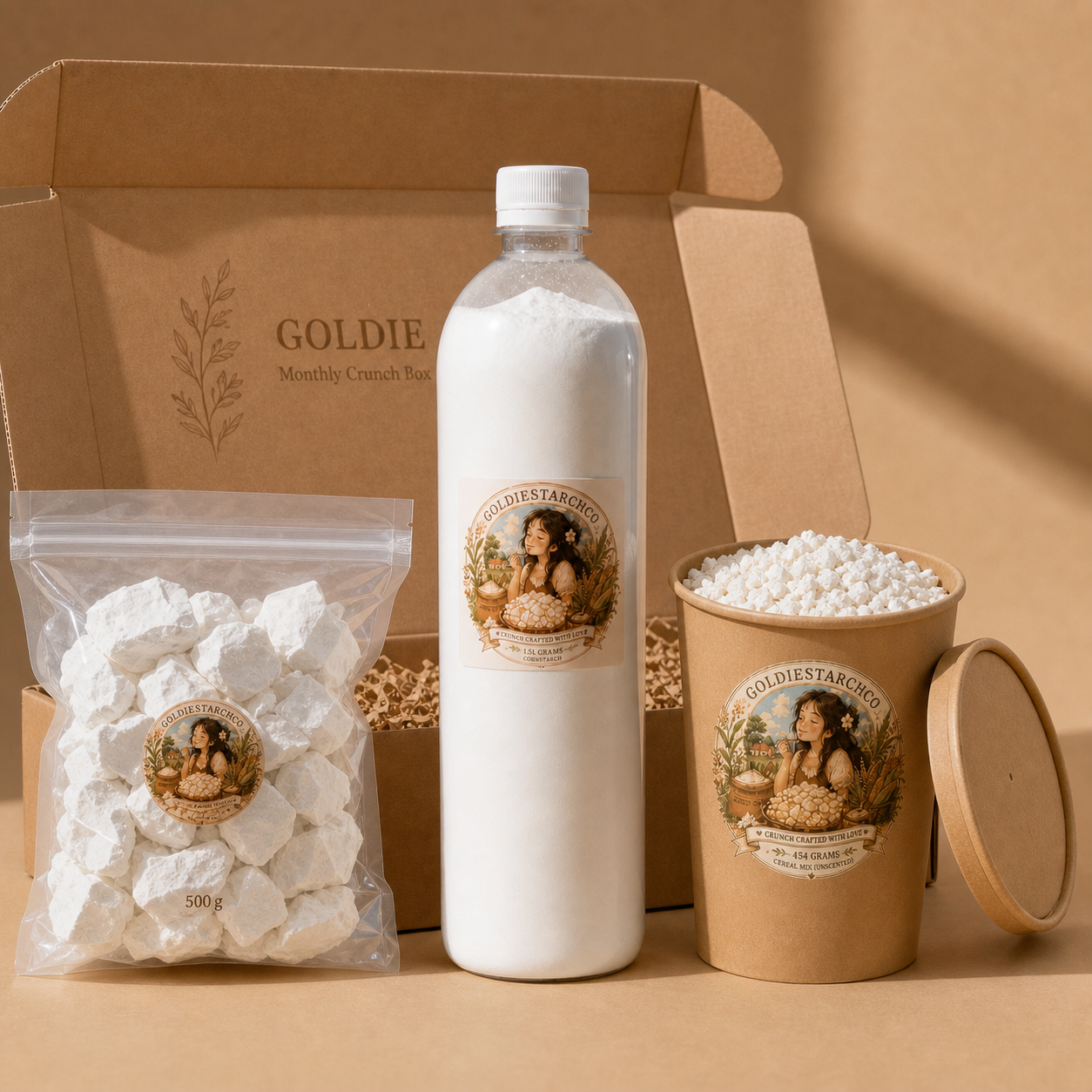 Goldie Monthly Crunch Box with 1.5 L bottle, 500 g crunchy chunks and cereal tub