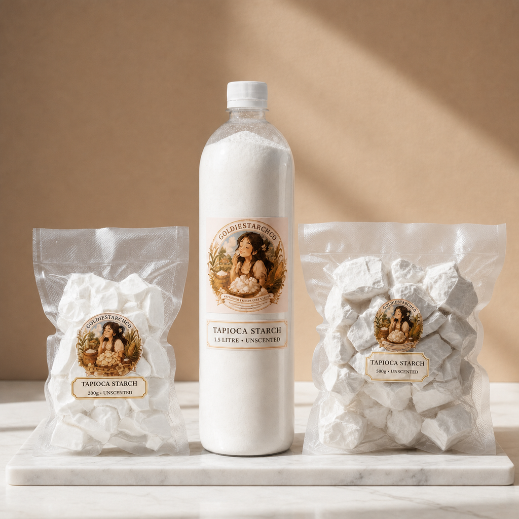 Tapioca Starch 200g, 500g and 1.5 litre bottle group product photo