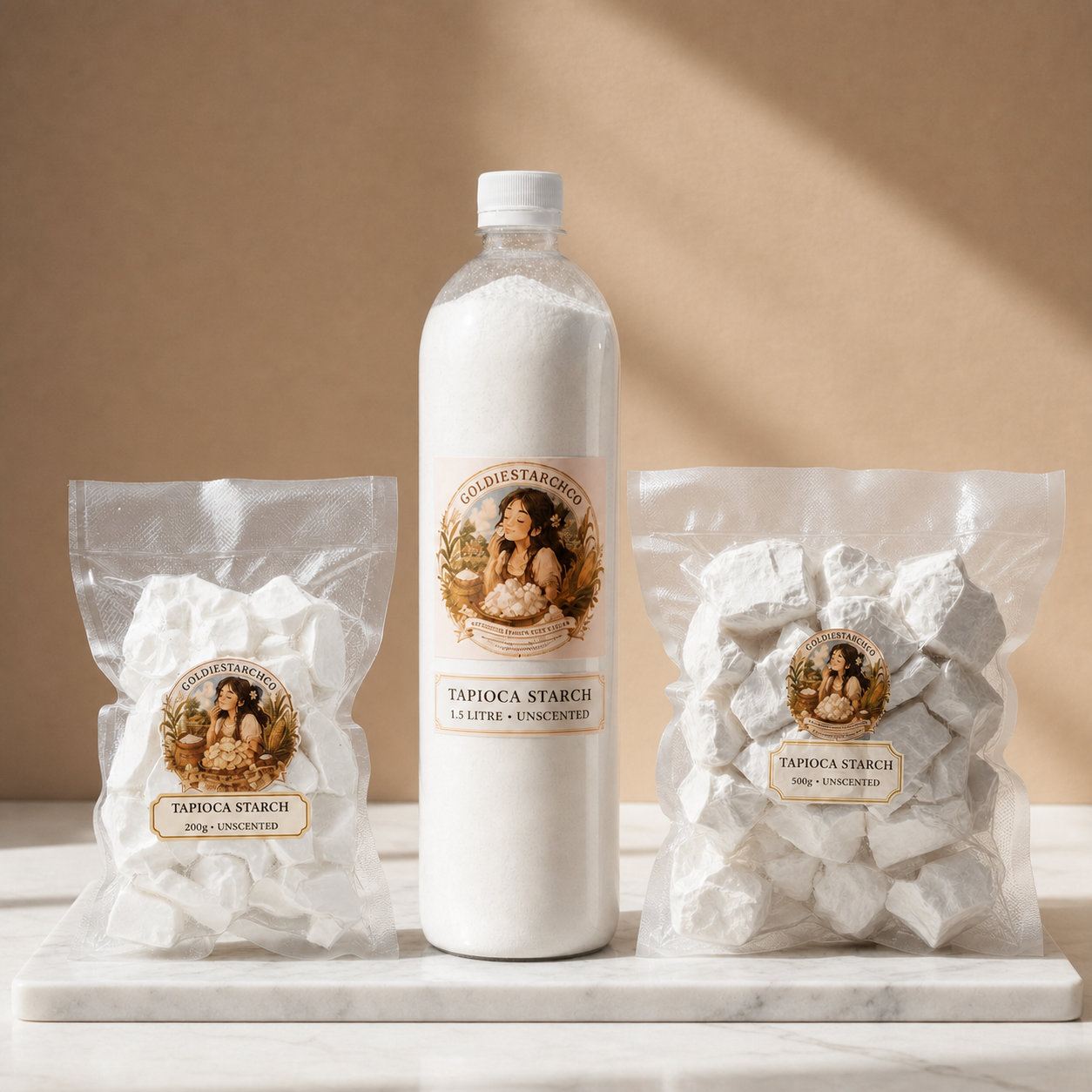 Tapioca Starch 200g, 500g and 1.5 litre bottle group product photo